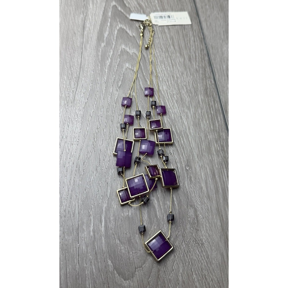 Macy's Purple Geometric Statement Necklace Gold Tone Multi Strand Square New